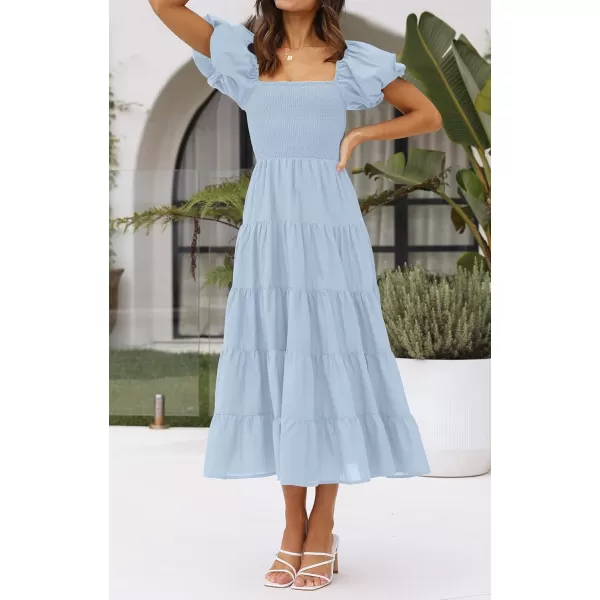 imageZESICA Womens 2023 Summer Square Neck Short Puff Sleeve Solid Color High Waist Casual Smocked Flowy A Line Tiered Midi DressSkyblue