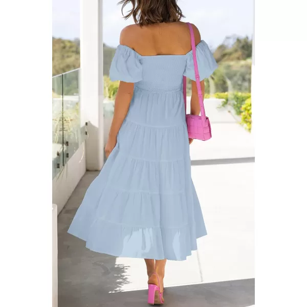 imageZESICA Womens 2023 Summer Square Neck Short Puff Sleeve Solid Color High Waist Casual Smocked Flowy A Line Tiered Midi DressSkyblue