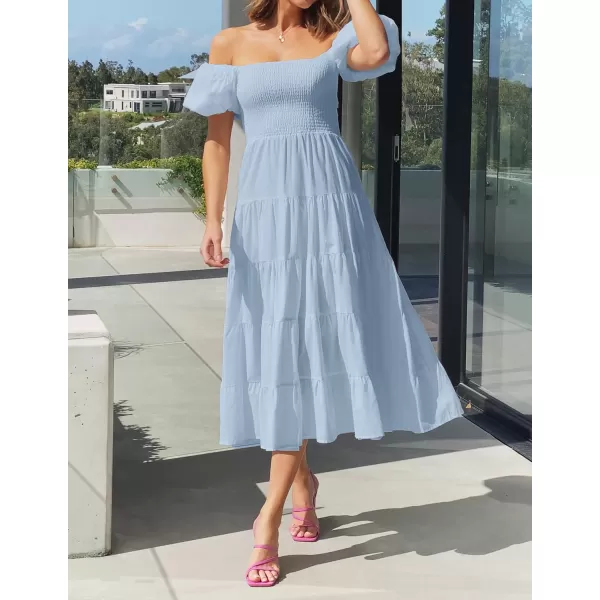 imageZESICA Womens 2023 Summer Square Neck Short Puff Sleeve Solid Color High Waist Casual Smocked Flowy A Line Tiered Midi DressSkyblue