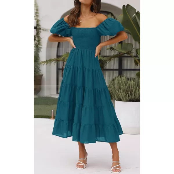 imageZESICA Womens 2023 Summer Square Neck Short Puff Sleeve Solid Color High Waist Casual Smocked Flowy A Line Tiered Midi DressTeal