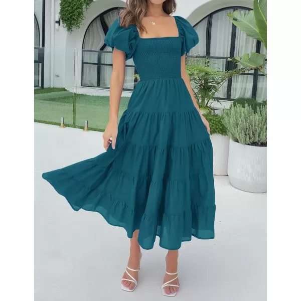 imageZESICA Womens 2023 Summer Square Neck Short Puff Sleeve Solid Color High Waist Casual Smocked Flowy A Line Tiered Midi DressTeal