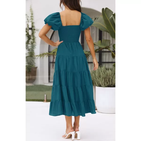 imageZESICA Womens 2023 Summer Square Neck Short Puff Sleeve Solid Color High Waist Casual Smocked Flowy A Line Tiered Midi DressTeal