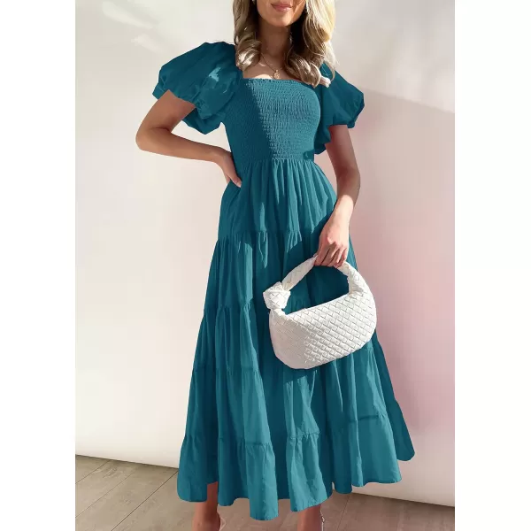 imageZESICA Womens 2023 Summer Square Neck Short Puff Sleeve Solid Color High Waist Casual Smocked Flowy A Line Tiered Midi DressTeal