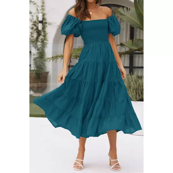 imageZESICA Womens 2023 Summer Square Neck Short Puff Sleeve Solid Color High Waist Casual Smocked Flowy A Line Tiered Midi DressTeal