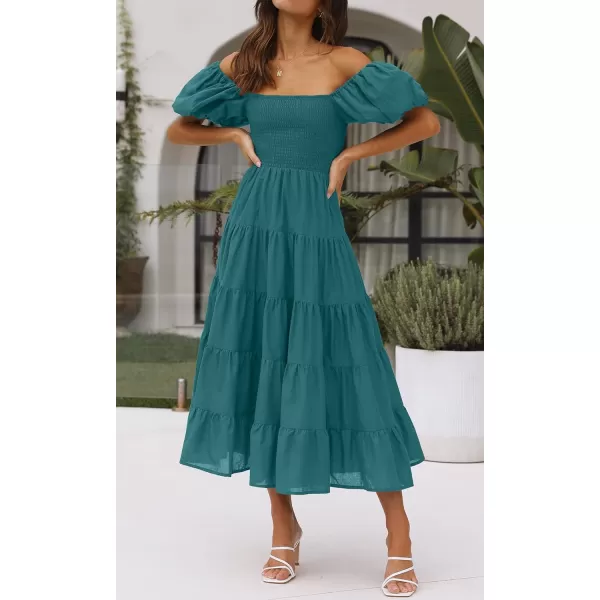 imageZESICA Womens 2023 Summer Square Neck Short Puff Sleeve Solid Color High Waist Casual Smocked Flowy A Line Tiered Midi DressTealgreen