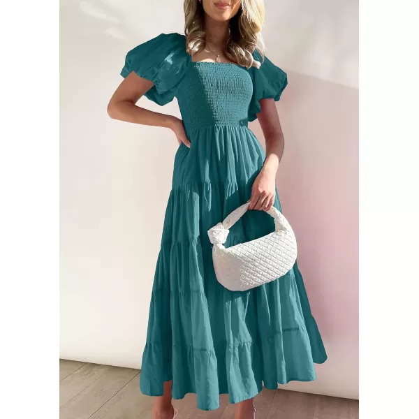imageZESICA Womens 2023 Summer Square Neck Short Puff Sleeve Solid Color High Waist Casual Smocked Flowy A Line Tiered Midi DressTealgreen
