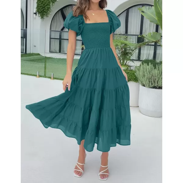imageZESICA Womens 2023 Summer Square Neck Short Puff Sleeve Solid Color High Waist Casual Smocked Flowy A Line Tiered Midi DressTealgreen