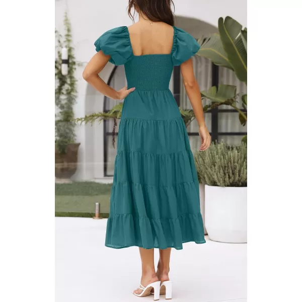imageZESICA Womens 2023 Summer Square Neck Short Puff Sleeve Solid Color High Waist Casual Smocked Flowy A Line Tiered Midi DressTealgreen