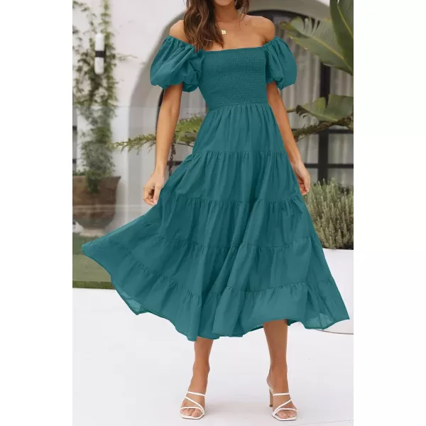 imageZESICA Womens 2023 Summer Square Neck Short Puff Sleeve Solid Color High Waist Casual Smocked Flowy A Line Tiered Midi DressTealgreen