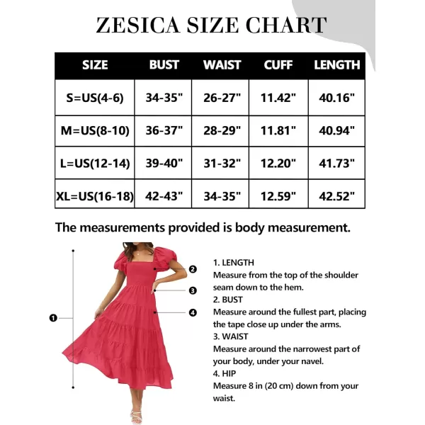 imageZESICA Womens 2023 Summer Square Neck Short Puff Sleeve Solid Color High Waist Casual Smocked Flowy A Line Tiered Midi DressWatermelon