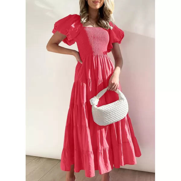 imageZESICA Womens 2023 Summer Square Neck Short Puff Sleeve Solid Color High Waist Casual Smocked Flowy A Line Tiered Midi DressWatermelon