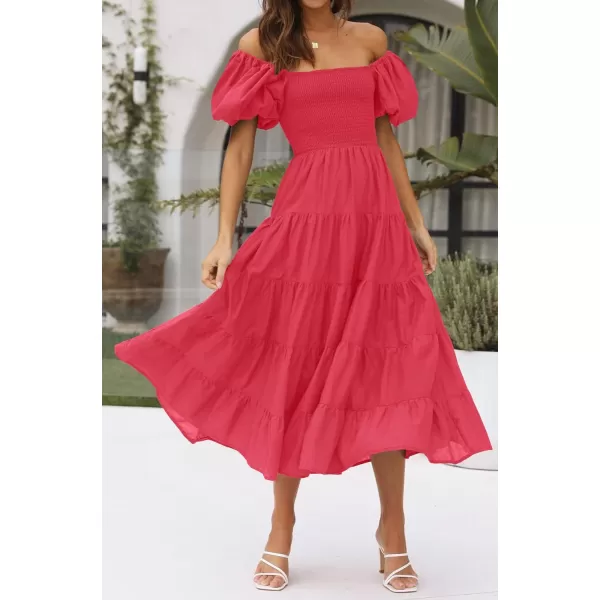 imageZESICA Womens 2023 Summer Square Neck Short Puff Sleeve Solid Color High Waist Casual Smocked Flowy A Line Tiered Midi DressWatermelon