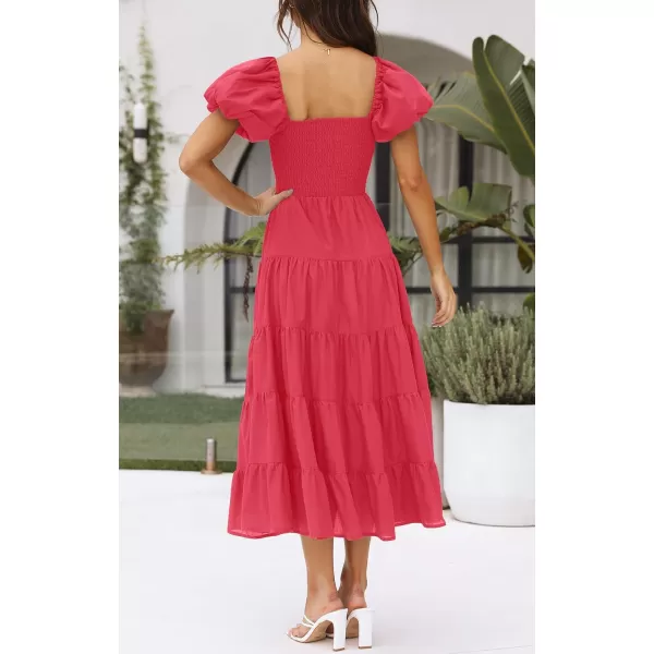 imageZESICA Womens 2023 Summer Square Neck Short Puff Sleeve Solid Color High Waist Casual Smocked Flowy A Line Tiered Midi DressWatermelon