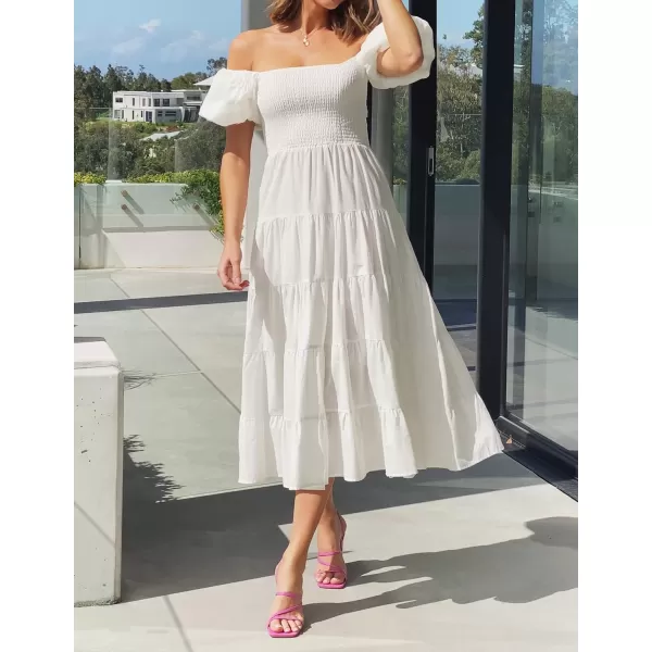 imageZESICA Womens 2023 Summer Square Neck Short Puff Sleeve Solid Color High Waist Casual Smocked Flowy A Line Tiered Midi DressWhite