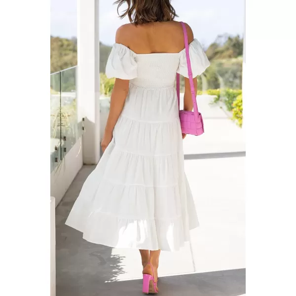 imageZESICA Womens 2023 Summer Square Neck Short Puff Sleeve Solid Color High Waist Casual Smocked Flowy A Line Tiered Midi DressWhite