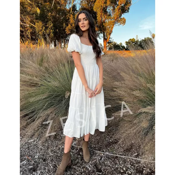 imageZESICA Womens 2023 Summer Square Neck Short Puff Sleeve Solid Color High Waist Casual Smocked Flowy A Line Tiered Midi DressWhite