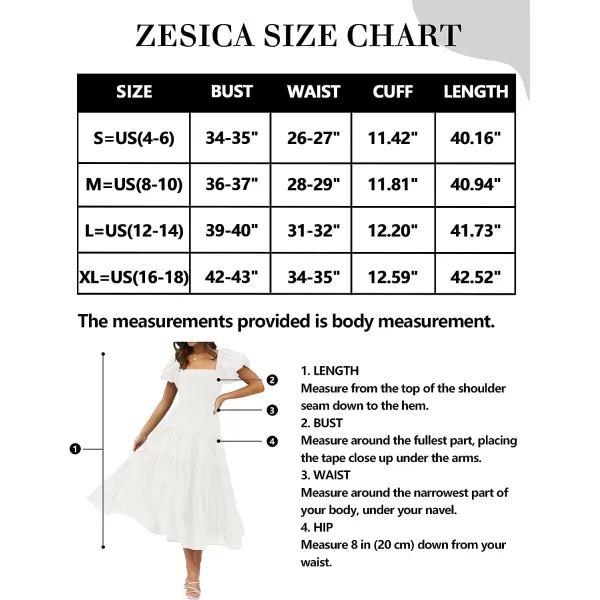 imageZESICA Womens 2023 Summer Square Neck Short Puff Sleeve Solid Color High Waist Casual Smocked Flowy A Line Tiered Midi DressWhite