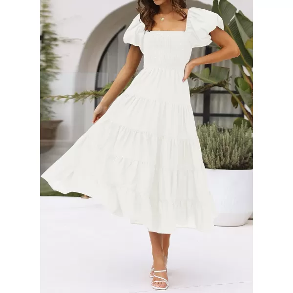 imageZESICA Womens 2023 Summer Square Neck Short Puff Sleeve Solid Color High Waist Casual Smocked Flowy A Line Tiered Midi DressWhite