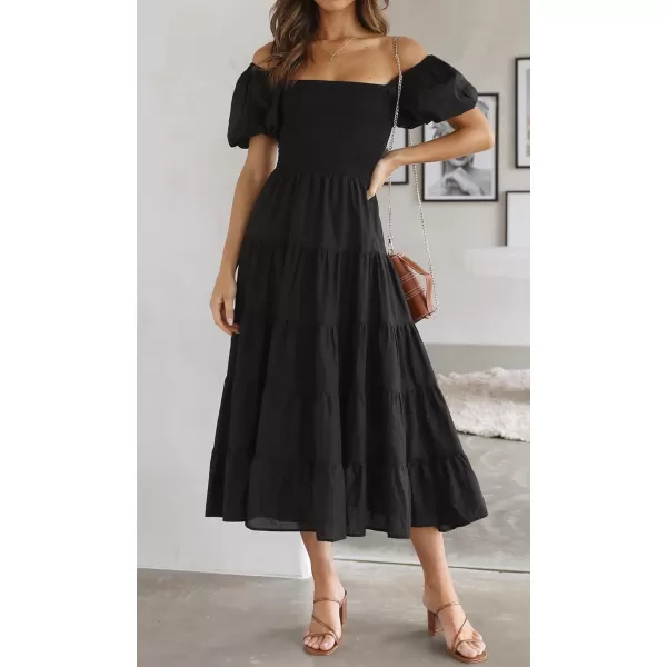 imageZESICA Womens 2023 Summer Square Neck Short Puff Sleeve Solid Color High Waist Casual Smocked Flowy A Line Tiered Midi DressZESICA Womens 2023 Summer Square Neck Short Puff Sleeve Solid Color High Waist Casual Smocked Flowy A Line Tiered Midi Dress
