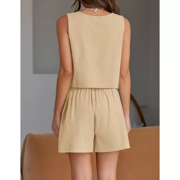 imageZESICA Womens 2023 Summer Two Piece Outfits Linen Crew Neck Tank Crop Top and Shorts 2 Piece Lounge Matching SetApricot