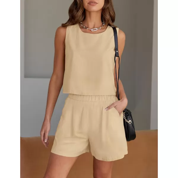 imageZESICA Womens 2023 Summer Two Piece Outfits Linen Crew Neck Tank Crop Top and Shorts 2 Piece Lounge Matching SetApricot