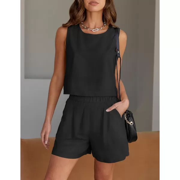 imageZESICA Womens 2023 Summer Two Piece Outfits Linen Crew Neck Tank Crop Top and Shorts 2 Piece Lounge Matching SetBlack