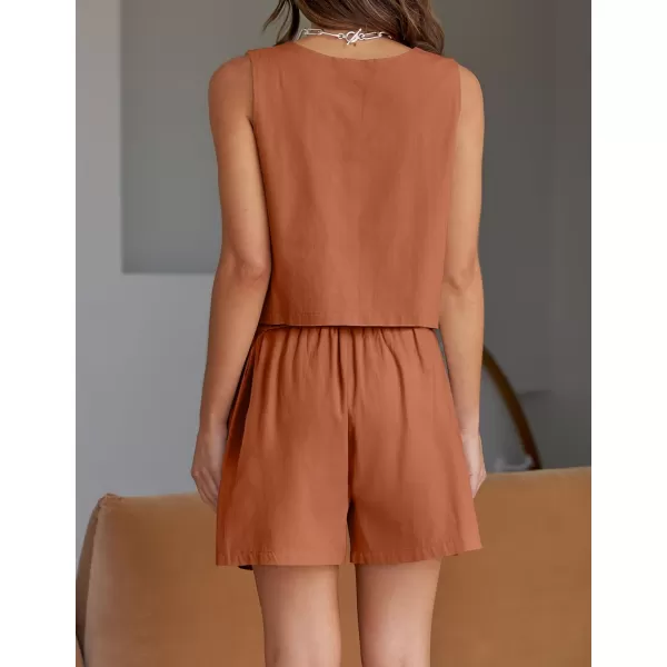 imageZESICA Womens 2023 Summer Two Piece Outfits Linen Crew Neck Tank Crop Top and Shorts 2 Piece Lounge Matching SetBrickred