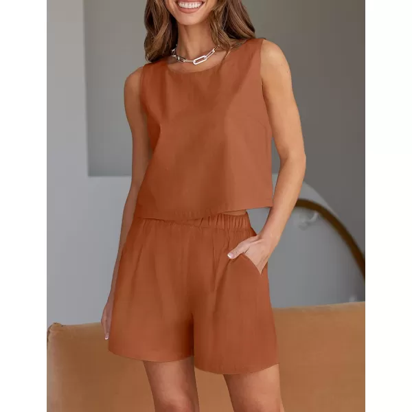 imageZESICA Womens 2023 Summer Two Piece Outfits Linen Crew Neck Tank Crop Top and Shorts 2 Piece Lounge Matching SetBrickred