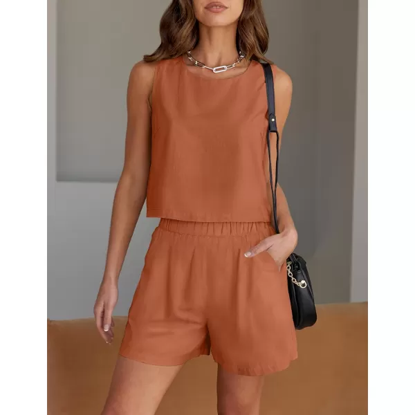 imageZESICA Womens 2023 Summer Two Piece Outfits Linen Crew Neck Tank Crop Top and Shorts 2 Piece Lounge Matching SetBrickred