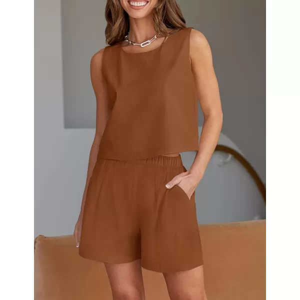 imageZESICA Womens 2023 Summer Two Piece Outfits Linen Crew Neck Tank Crop Top and Shorts 2 Piece Lounge Matching SetBrown
