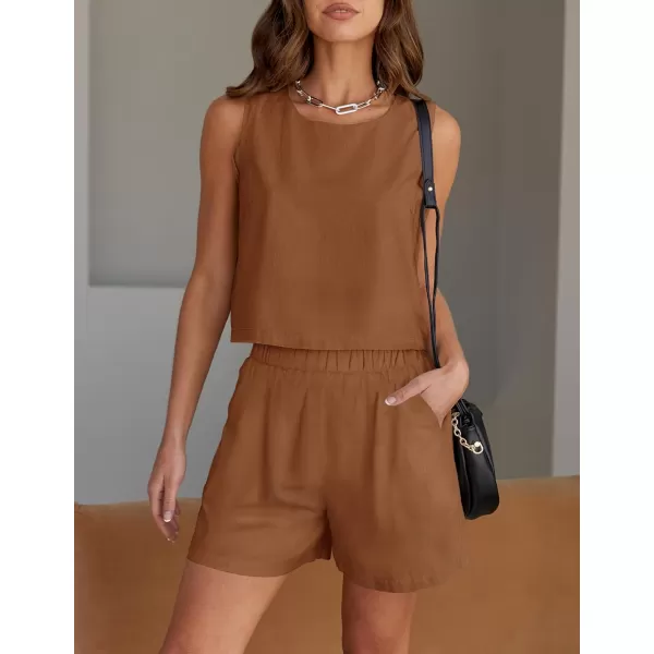 imageZESICA Womens 2023 Summer Two Piece Outfits Linen Crew Neck Tank Crop Top and Shorts 2 Piece Lounge Matching SetBrown