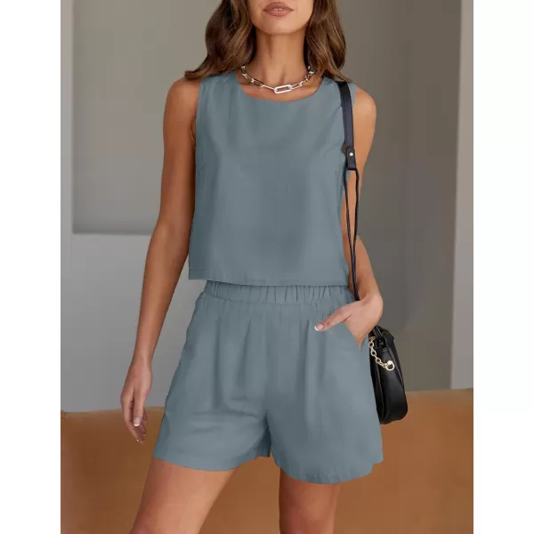 imageZESICA Womens 2023 Summer Two Piece Outfits Linen Crew Neck Tank Crop Top and Shorts 2 Piece Lounge Matching SetDustyblue