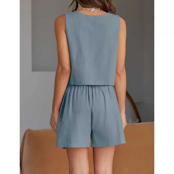 imageZESICA Womens 2023 Summer Two Piece Outfits Linen Crew Neck Tank Crop Top and Shorts 2 Piece Lounge Matching SetDustyblue