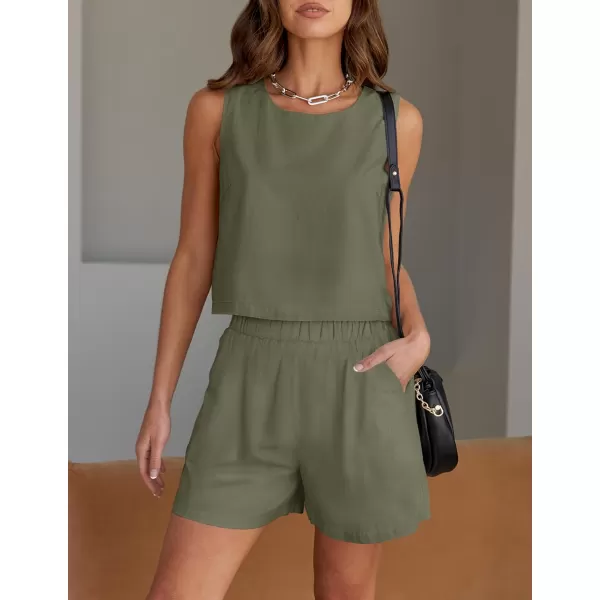 imageZESICA Womens 2023 Summer Two Piece Outfits Linen Crew Neck Tank Crop Top and Shorts 2 Piece Lounge Matching SetGreygreen