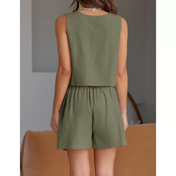 imageZESICA Womens 2023 Summer Two Piece Outfits Linen Crew Neck Tank Crop Top and Shorts 2 Piece Lounge Matching SetGreygreen
