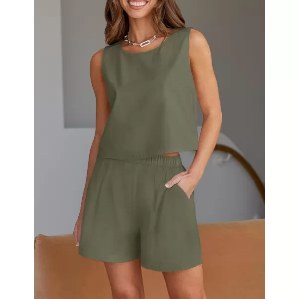 imageZESICA Womens 2023 Summer Two Piece Outfits Linen Crew Neck Tank Crop Top and Shorts 2 Piece Lounge Matching SetGreygreen
