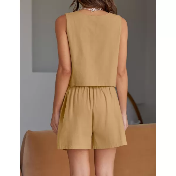 imageZESICA Womens 2023 Summer Two Piece Outfits Linen Crew Neck Tank Crop Top and Shorts 2 Piece Lounge Matching SetKhaki