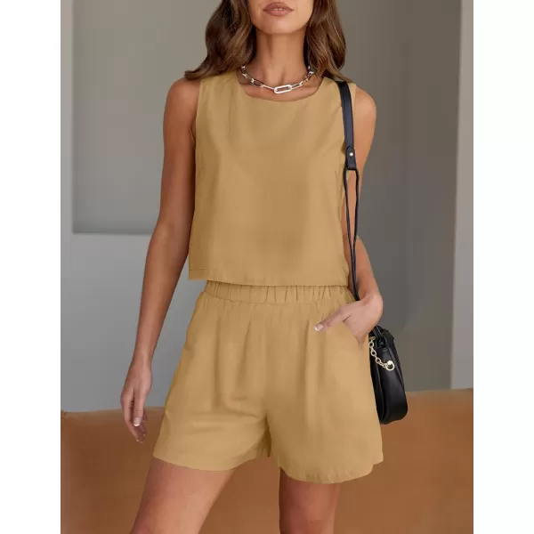 imageZESICA Womens 2023 Summer Two Piece Outfits Linen Crew Neck Tank Crop Top and Shorts 2 Piece Lounge Matching SetKhaki