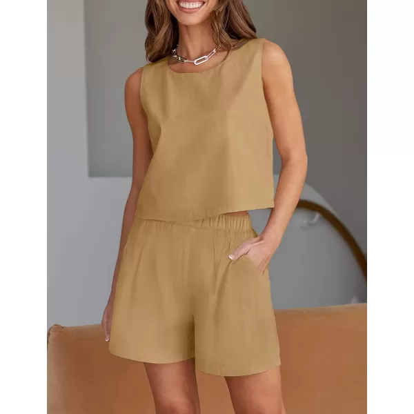 imageZESICA Womens 2023 Summer Two Piece Outfits Linen Crew Neck Tank Crop Top and Shorts 2 Piece Lounge Matching SetKhaki