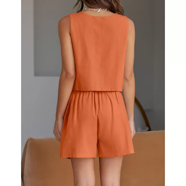 imageZESICA Womens 2023 Summer Two Piece Outfits Linen Crew Neck Tank Crop Top and Shorts 2 Piece Lounge Matching SetOrange