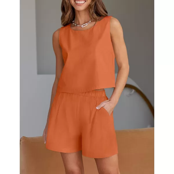 imageZESICA Womens 2023 Summer Two Piece Outfits Linen Crew Neck Tank Crop Top and Shorts 2 Piece Lounge Matching SetOrange