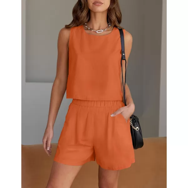 imageZESICA Womens 2023 Summer Two Piece Outfits Linen Crew Neck Tank Crop Top and Shorts 2 Piece Lounge Matching SetOrange