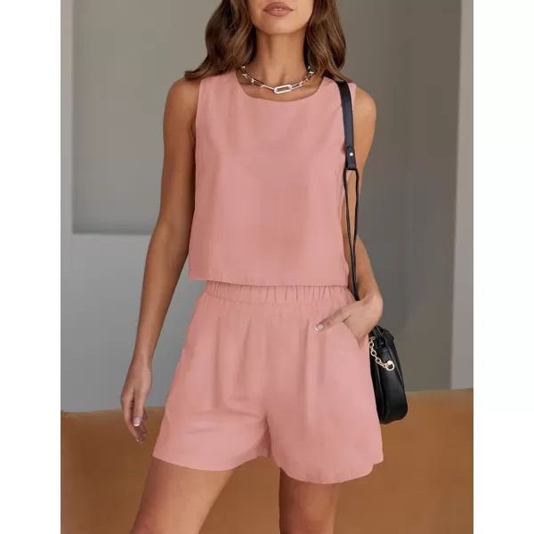 imageZESICA Womens 2023 Summer Two Piece Outfits Linen Crew Neck Tank Crop Top and Shorts 2 Piece Lounge Matching SetPink