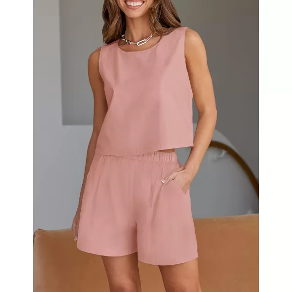 imageZESICA Womens 2023 Summer Two Piece Outfits Linen Crew Neck Tank Crop Top and Shorts 2 Piece Lounge Matching SetPink