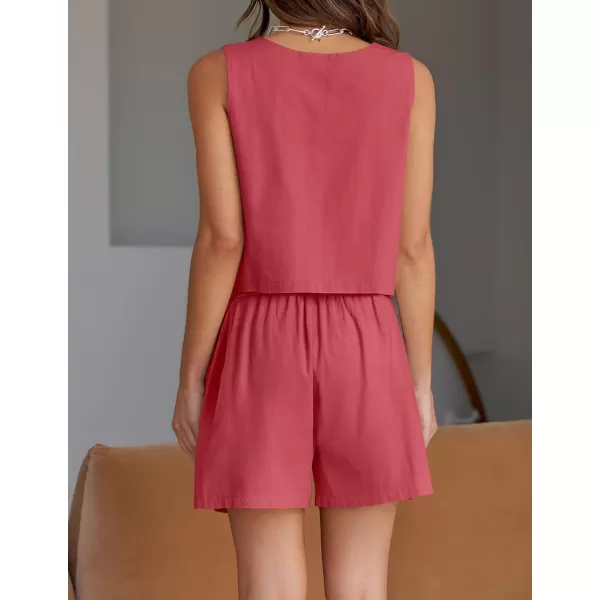 imageZESICA Womens 2023 Summer Two Piece Outfits Linen Crew Neck Tank Crop Top and Shorts 2 Piece Lounge Matching SetRose