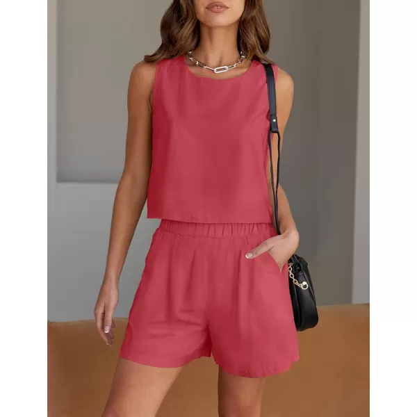 imageZESICA Womens 2023 Summer Two Piece Outfits Linen Crew Neck Tank Crop Top and Shorts 2 Piece Lounge Matching SetRose