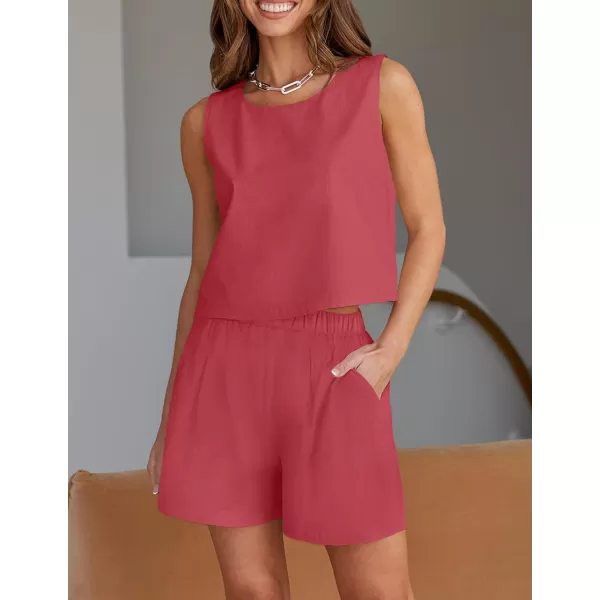 imageZESICA Womens 2023 Summer Two Piece Outfits Linen Crew Neck Tank Crop Top and Shorts 2 Piece Lounge Matching SetRose