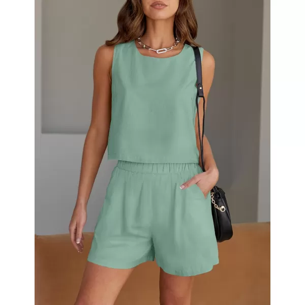 imageZESICA Womens 2023 Summer Two Piece Outfits Linen Crew Neck Tank Crop Top and Shorts 2 Piece Lounge Matching SetSage