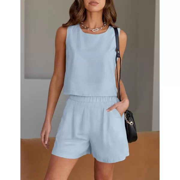 imageZESICA Womens 2023 Summer Two Piece Outfits Linen Crew Neck Tank Crop Top and Shorts 2 Piece Lounge Matching SetSky