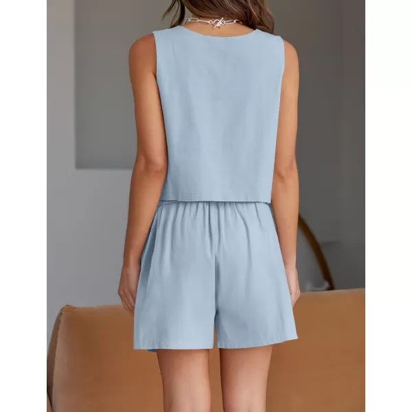 imageZESICA Womens 2023 Summer Two Piece Outfits Linen Crew Neck Tank Crop Top and Shorts 2 Piece Lounge Matching SetSky